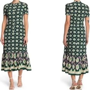 A.L.C. Dylan Green Pink Floral Print Silk Ruffle Hem Midi Maxi Shirt-Dress 2 XS